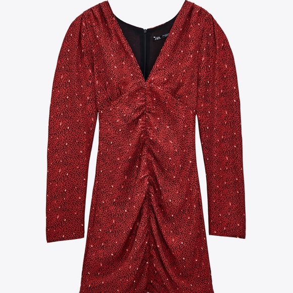 New Zara Print Mini V-neck Saffron red Dress long sleeve - Picture 4 of 10